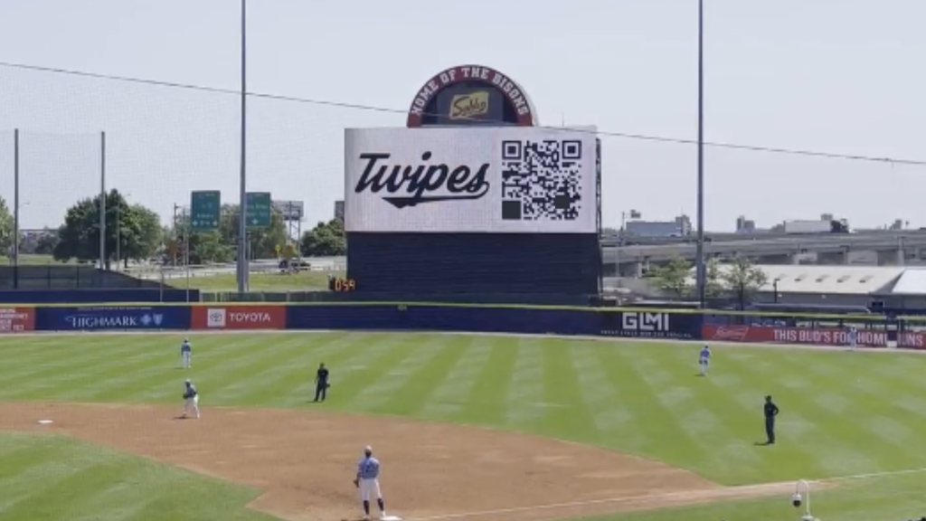 A photo of the Twipes logo on the jumbotron at Sahlen Field during the Buffalo Bisons game on July 28, 2024