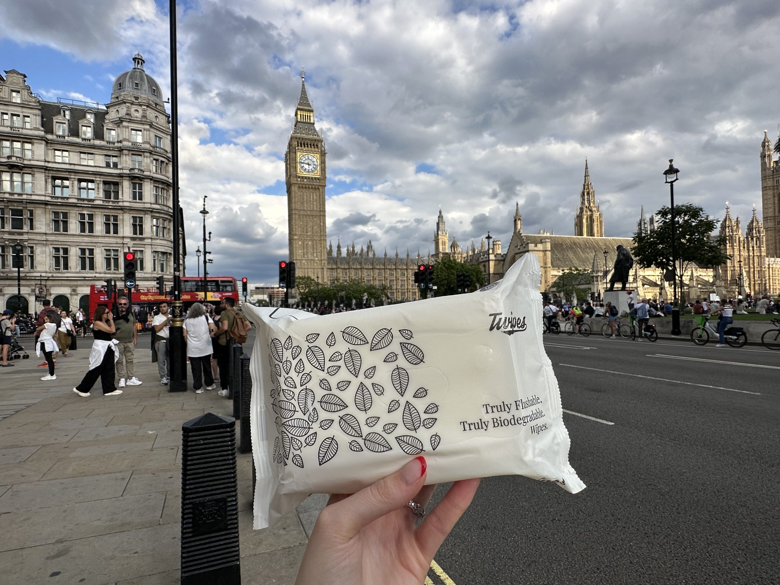 A photo of a pack of Twipes in front of London's Elizabeth Tower (Big Ben)