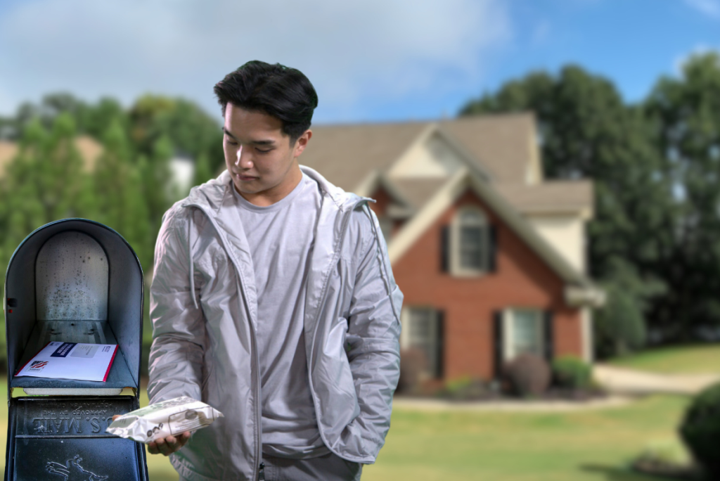 A photo of a man taking a pack of Twipes out of a mailbox.